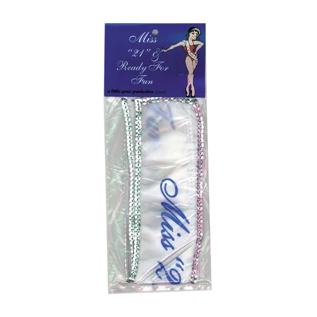 Miss 21 and Ready for Fun sash with silver sequin trim in clear package
