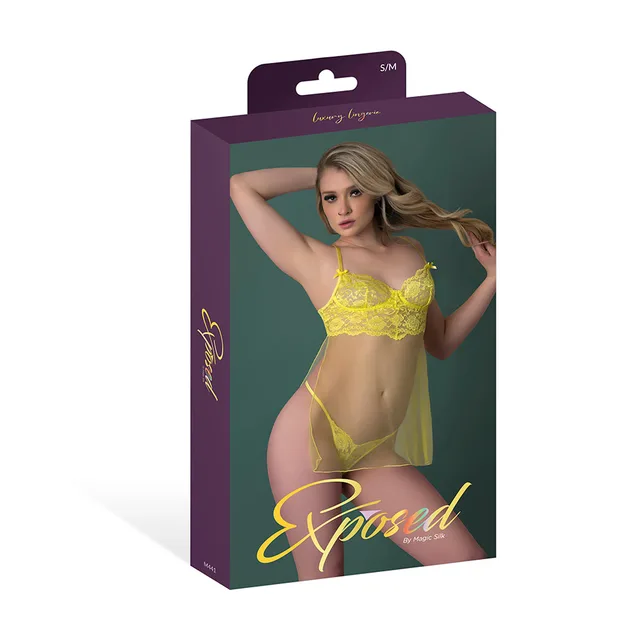 Magic Silk yellow lace babydoll set S/M displayed in purple retail packaging