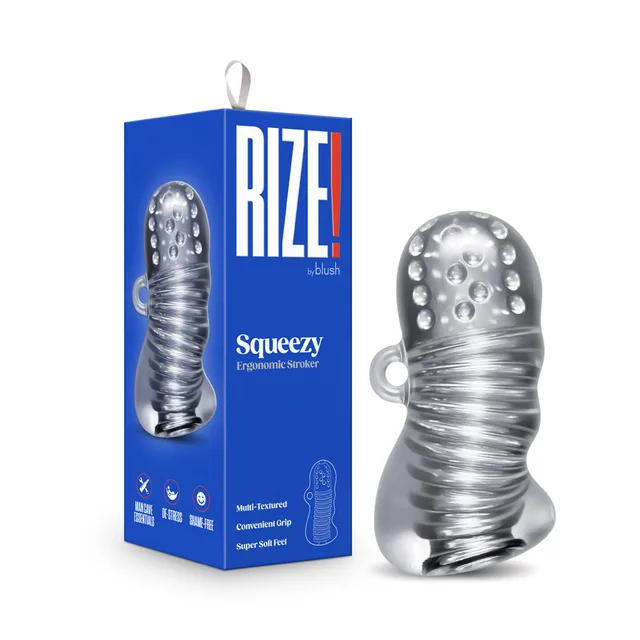 Blush RIZE Squeezy clear ergonomic stroker beside blue retail box