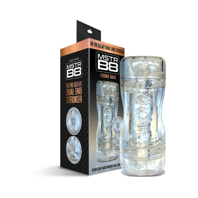 MSTR B8 In The Clear dual-end stroker in transparent canister beside box