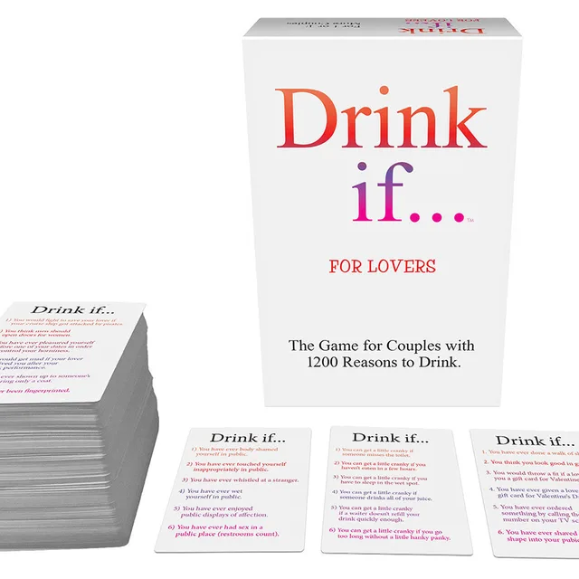White Drink If For Lovers game box with card stack, sample cards and small die