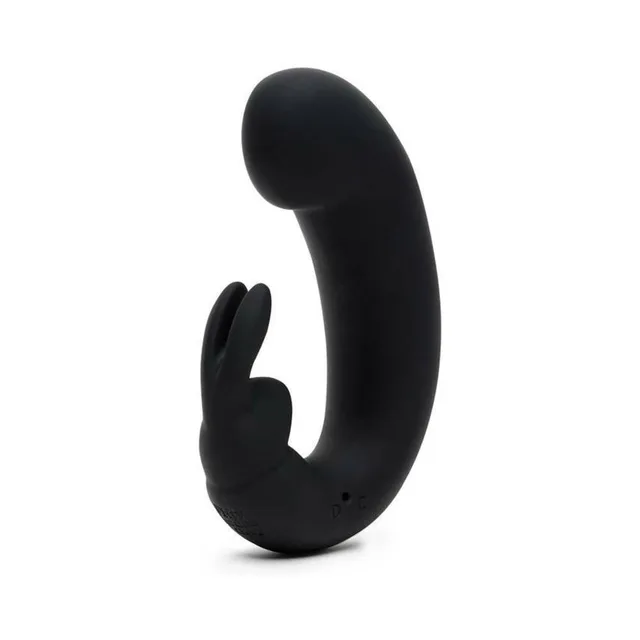 Upright black Sensation vibrator with curved shaft and rabbit ears