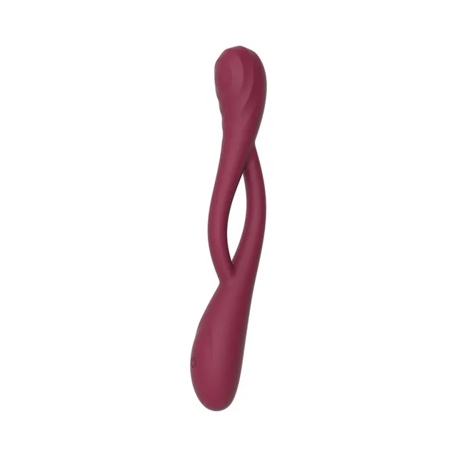 Burgundy Infinity vibrator standing with twisted split center shaft