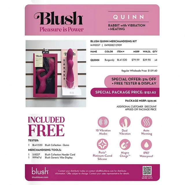 Blush Quinn merchandising kit sheet with burgundy vibrator display