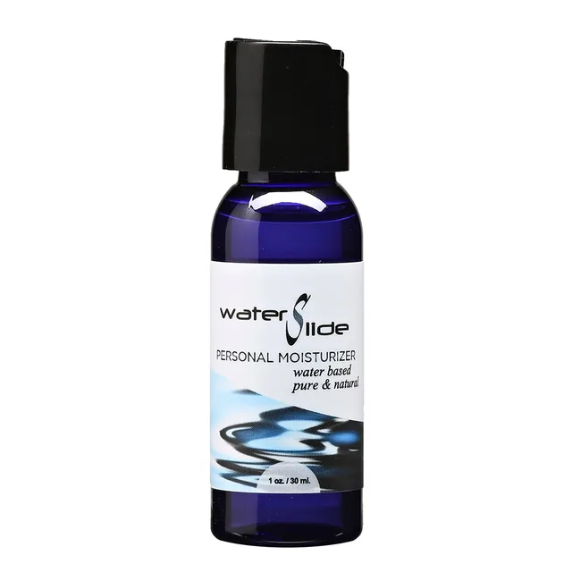 Earthly Body WaterSlide Lubricant cobalt 1 oz bottle with black cap and wave label