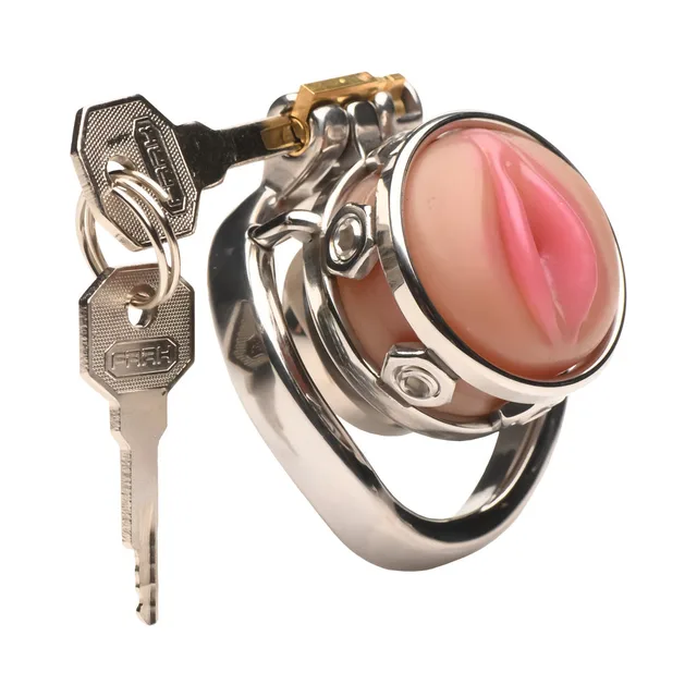 Angled silver metal Pussy Boy cage with pink insert and keys