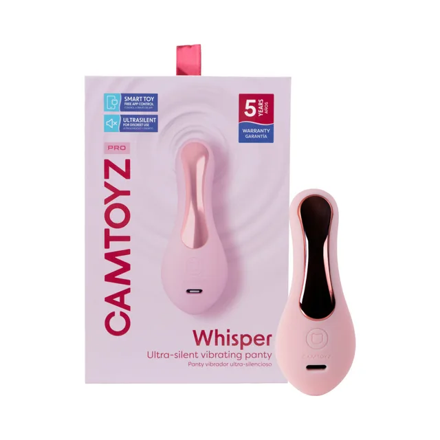 Camtoyz Pro Whisper light-pink panty vibrator beside the front of its retail box