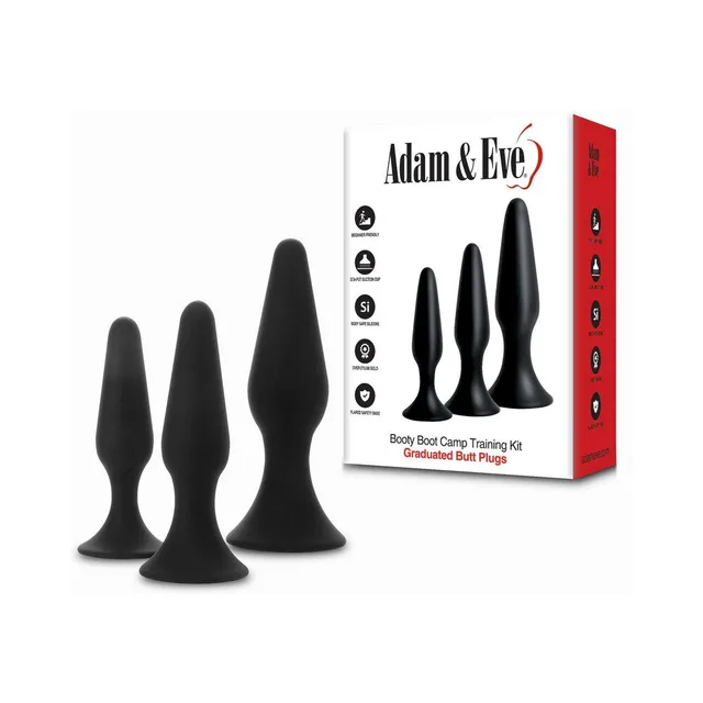 Adam & Eve Booty Boot Camp black plug kit three graduated plugs beside retail box