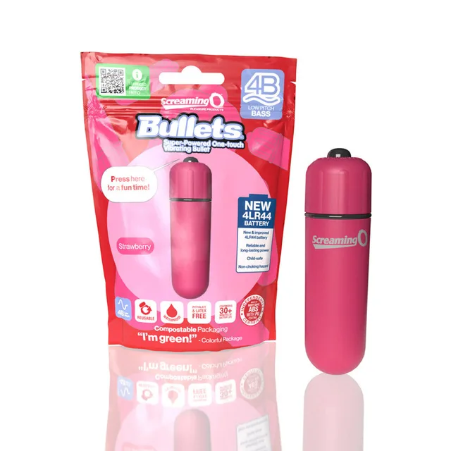 Screaming O 4B Strawberry bullet beside retail pouch