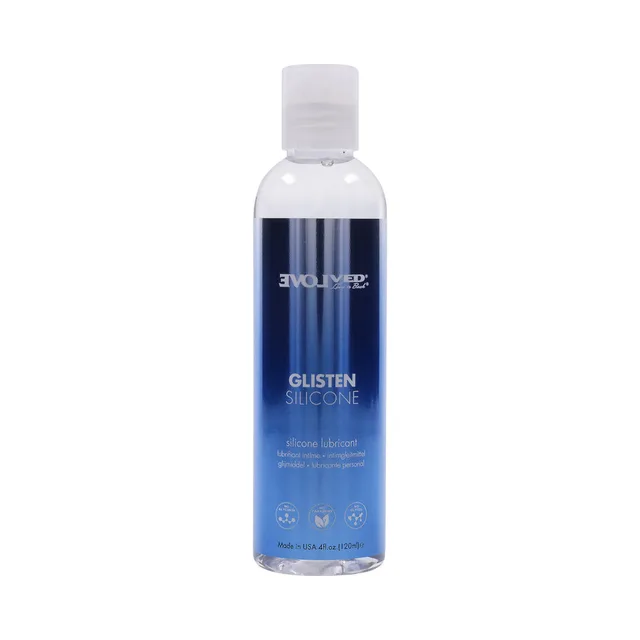 front view of 4 oz Evolved Glisten clear silicone lubricant bottle with blue label