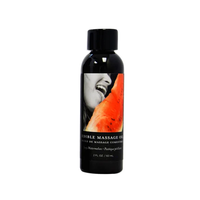 Earthly Body Watermelon Edible Massage Oil black 2 oz bottle with watermelon artwork