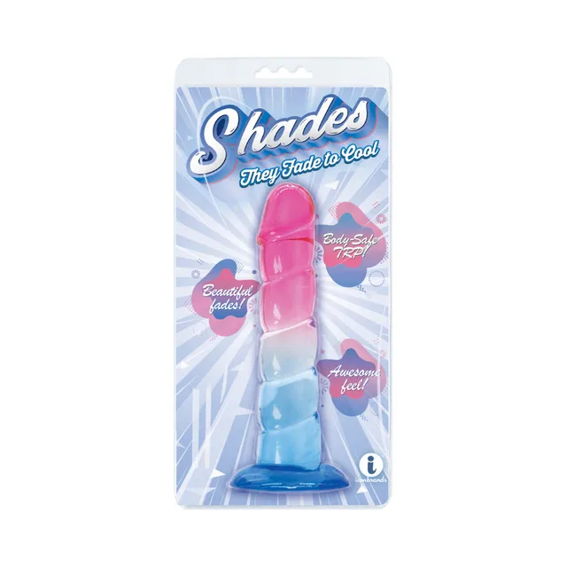 pink-to-blue Shades Swirl dildo with spiral shaft and flared base in blue package