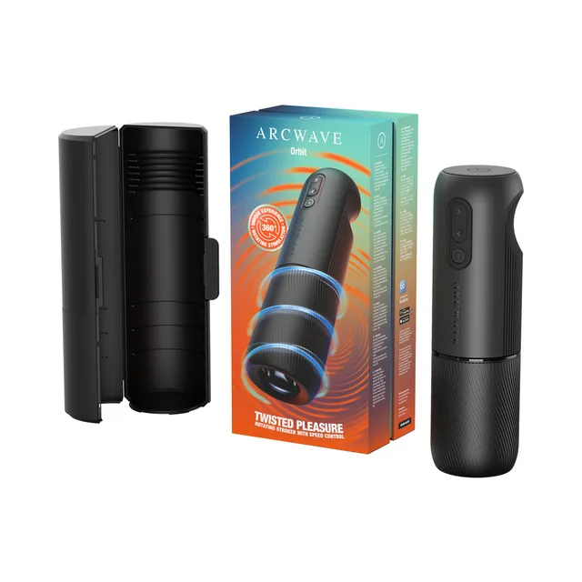 Arcwave Orbit black rotating app-enabled stroker separated from the open case beside the retail box