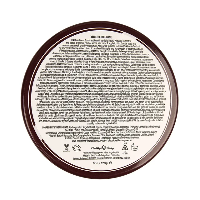 Underside of Yule Be Begging candle tin with printed directions