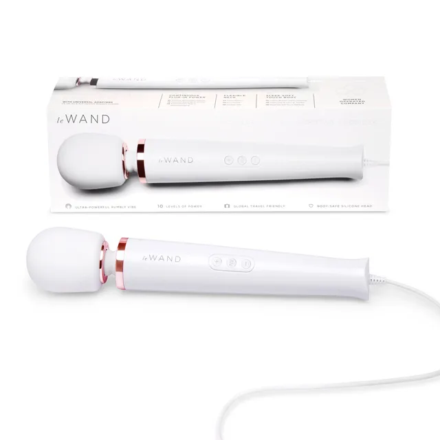 white Le Wand plug-in massager with cord and matching retail box