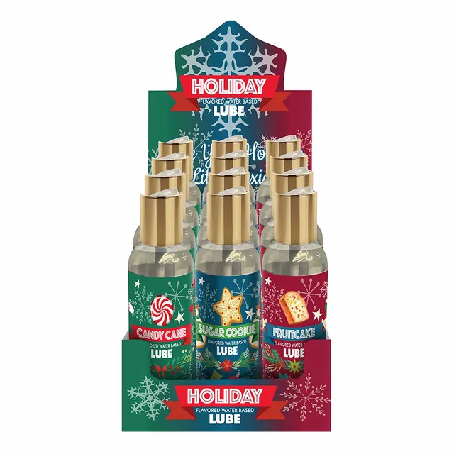 holiday counter display with 18 red blue and green lubricant bottles