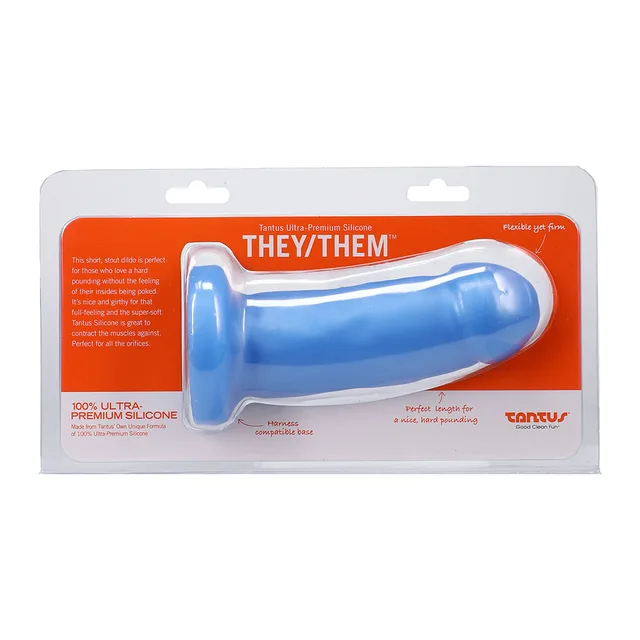 Front package of blue Tantus They Them Super Soft dildo