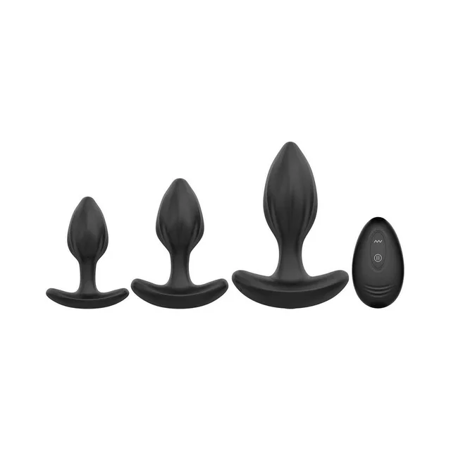 Adam & Eve black vibrating anal trainer set three plugs and remote arranged by size
