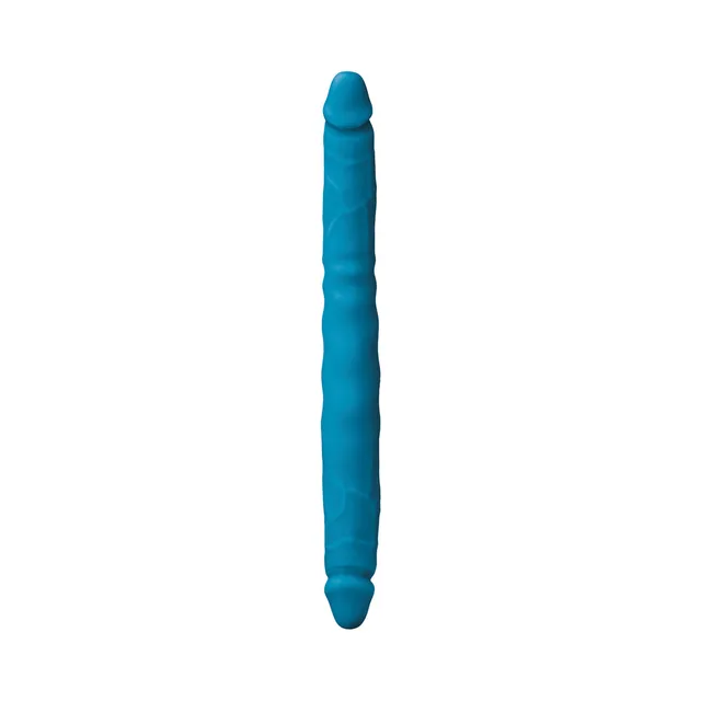 Blue straight dual-ended dildo with molded shaft texture