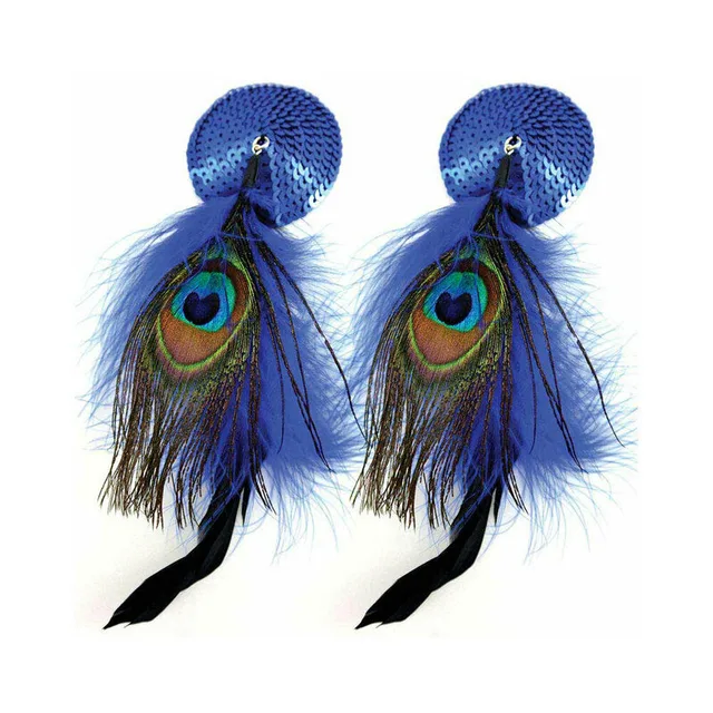 pair of blue sequin round pasties with peacock feathers and black ribbon accents