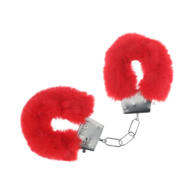Ouch Classic red fluffy handcuffs with silver-tone locks and short chain