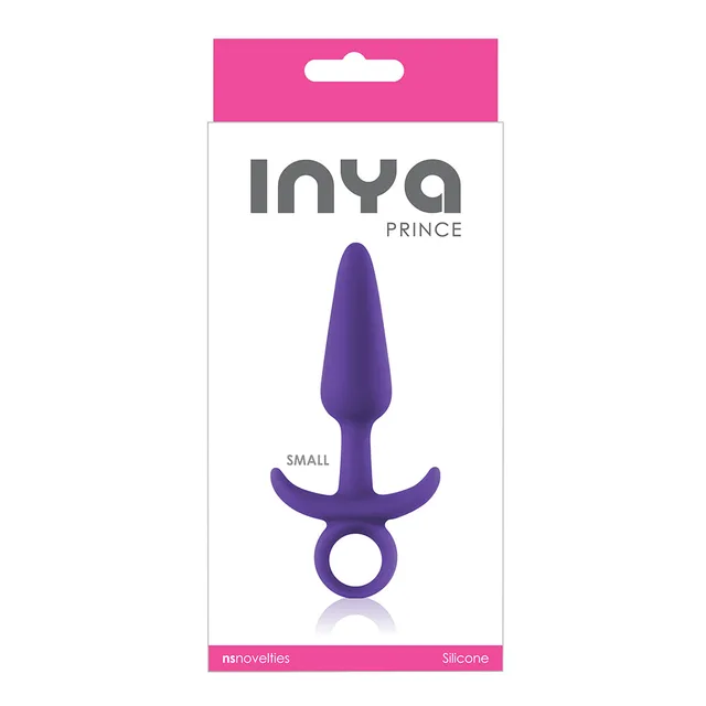 INYA Prince Small Purple Silicone Plug upright in white pink retail box