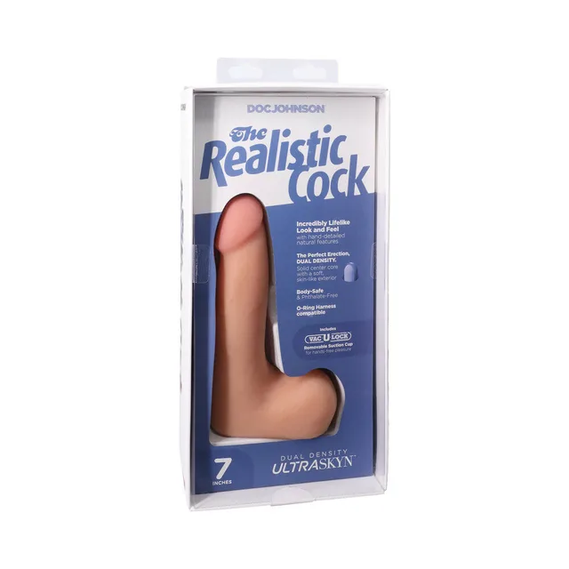 7-inch vanilla Realistic Cock ULTRASKYN dildo with balls in blue clear-front case