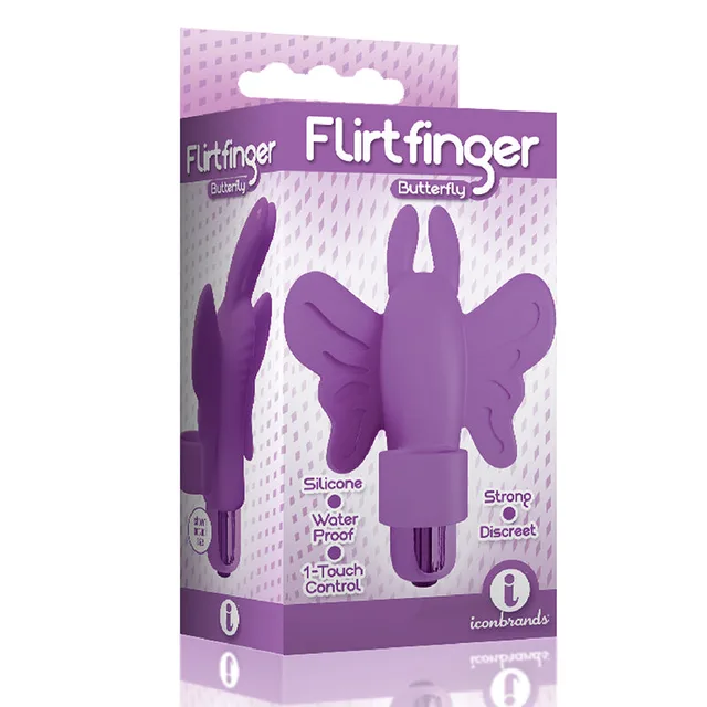 Purple Flirt Finger Butterfly vibrator with winged sleeve on box