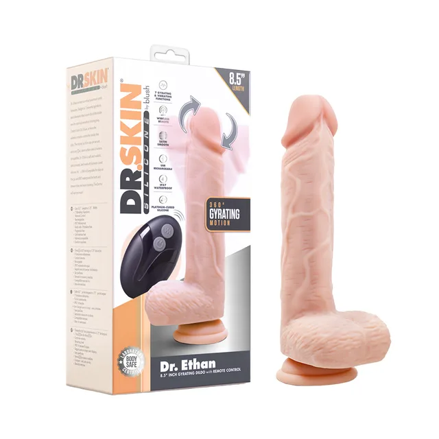 Blush Dr. Skin Dr. Ethan beige 8.5 inch silicone dildo beside retail box and remote control