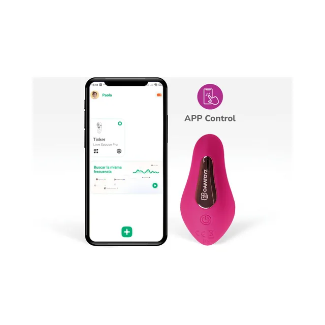 Camtoyz Tinker magenta app panty vibrator beside smartphone control screen