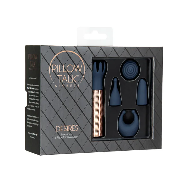 BMS Pillow Talk Desires navy six-piece mini massager set angled open presentation box