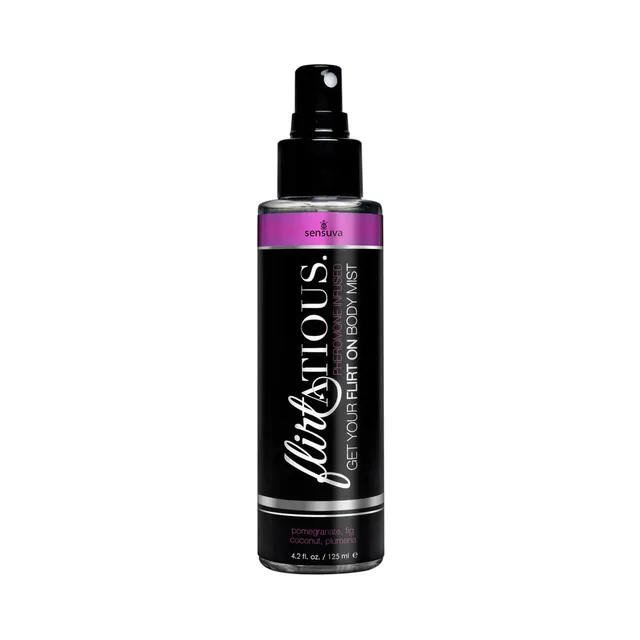 Sensuva Flirtatious Pomegranate Body Mist tall black spray bottle with purple label bands