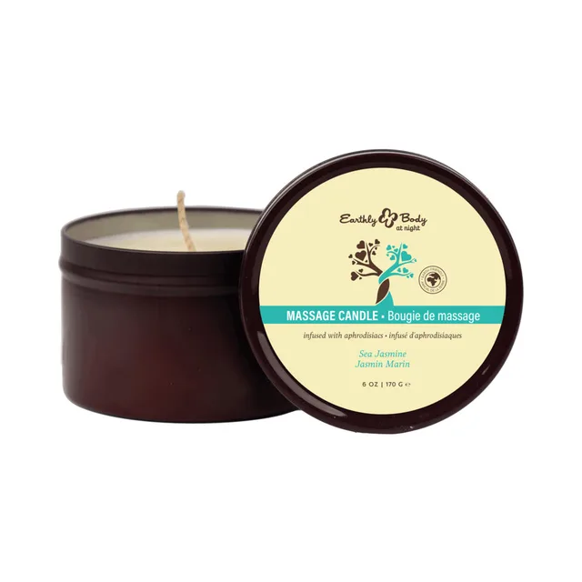 Open Sea Jasmine candle beside teal-labeled brown tin lid
