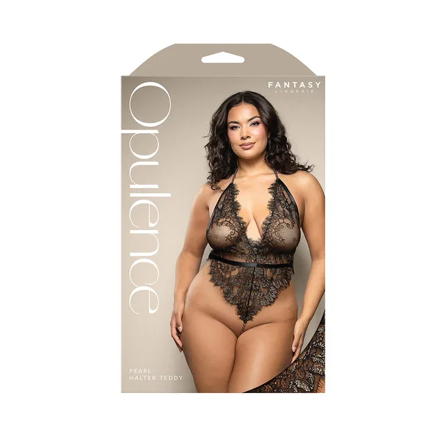 Opulence package showing plus-size model in black shimmer lace pearl halter teddy