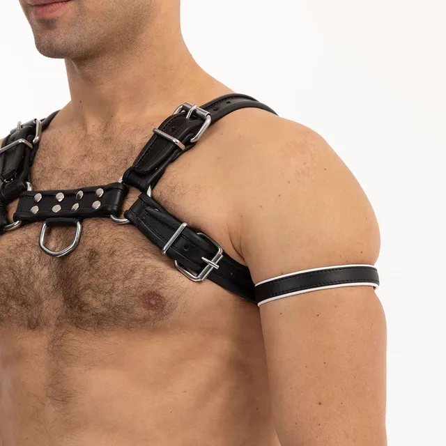 White Prowler RED leather bicep band with dark edging worn on upper arm