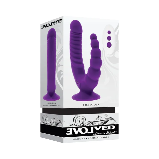 Purple Evolved Rider dual-shaft vibrator pictured in white retail box