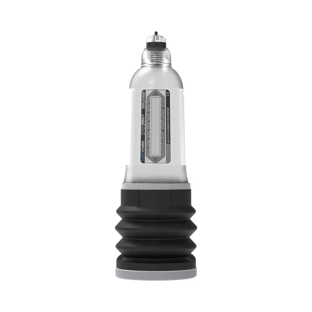 Bathmate Hydromax7 Wide Boy Clear penis pump isolated wide cylinder with vertical gauge and black bellows base