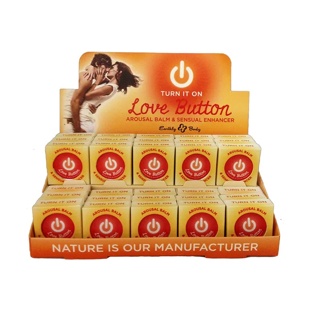 Earthly Body Love Button Display orange counter tray holding thirty gold cartons