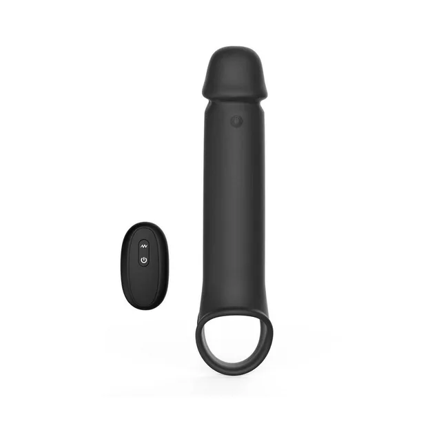 Adam's XL black remote vibrating extension front view with oval remote