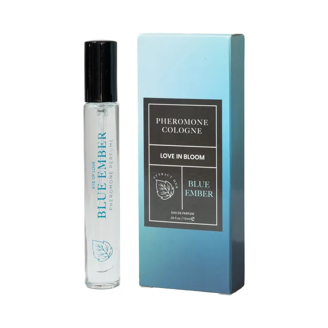 Blue Ember 0.34 oz slim spray vial beside its narrow blue retail box