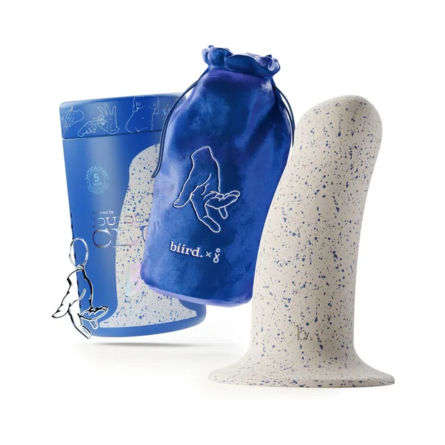 Biird Boo speckled silicone dildo with blue box drawstring bag and charm