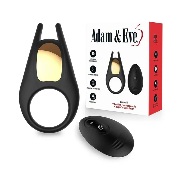 Adam & Eve Lucas II black couples vibrator with oval remote beside retail box