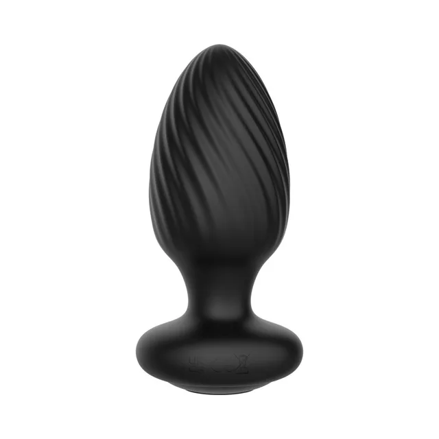 Front view of black Tornado XL plug with broad ribbed tapered shaft
