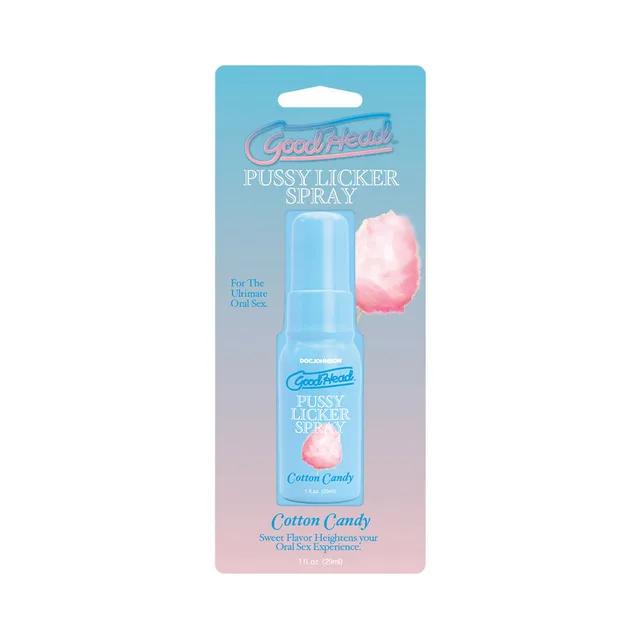 GoodHead Cotton Candy Pussy Licker Spray 1 oz blue pump bottle on pastel cotton candy card