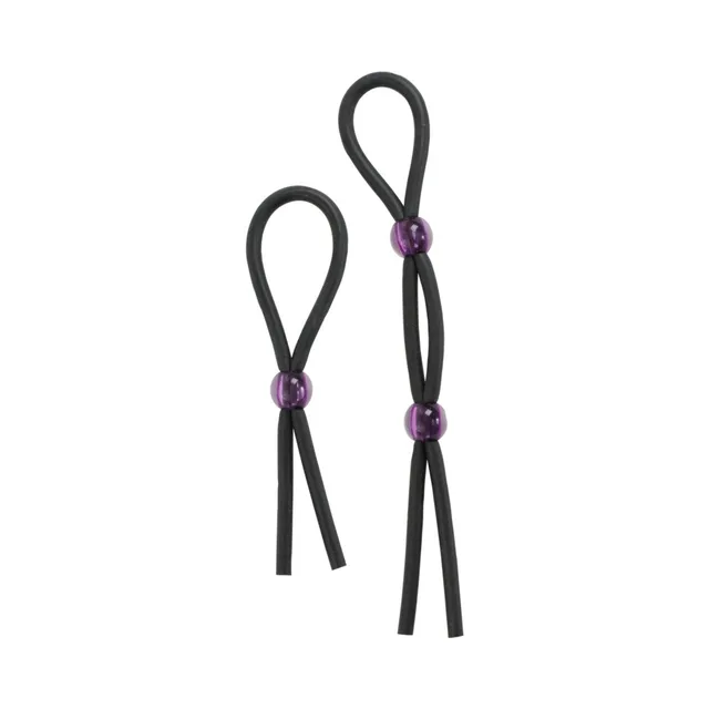 Three black silicone lasso loops with purple sliding beads