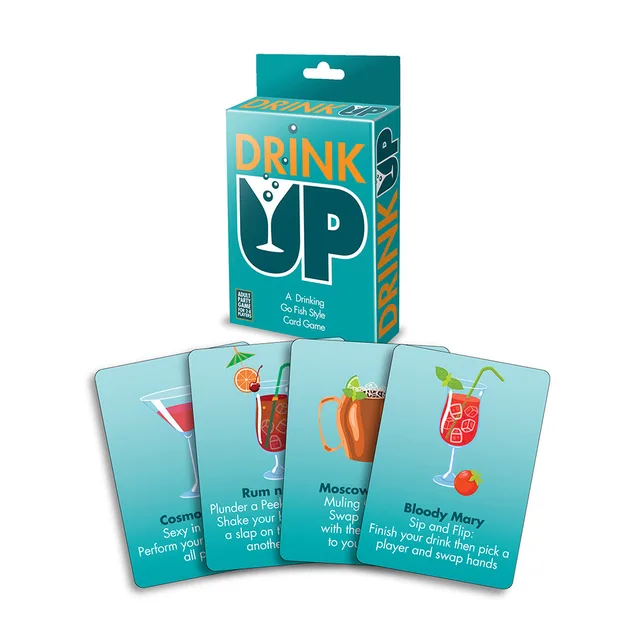 teal Drink Up card game box with four illustrated beverage cards