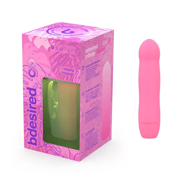 Flamingo Pink B Swish Bdesired Infinite Deluxe LE massager beside patterned pink box