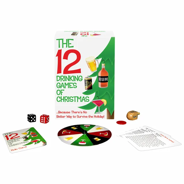 12 Drinking Games of Christmas box with spinner, cards, dice, chip and dreidel