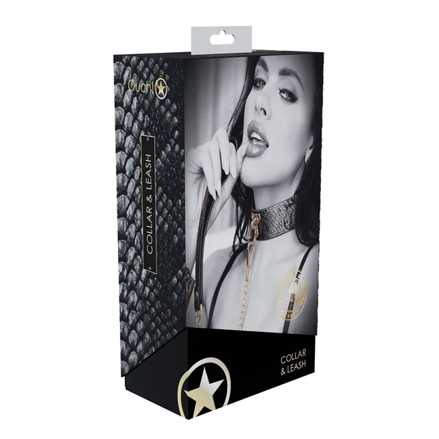 black and silver snakeskin Florence collar with gold chain leash on box