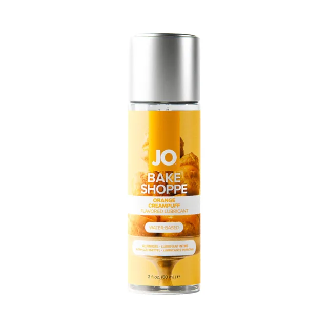 System JO orange creampuff water-based lube 2 oz single orange label bottle on a white background